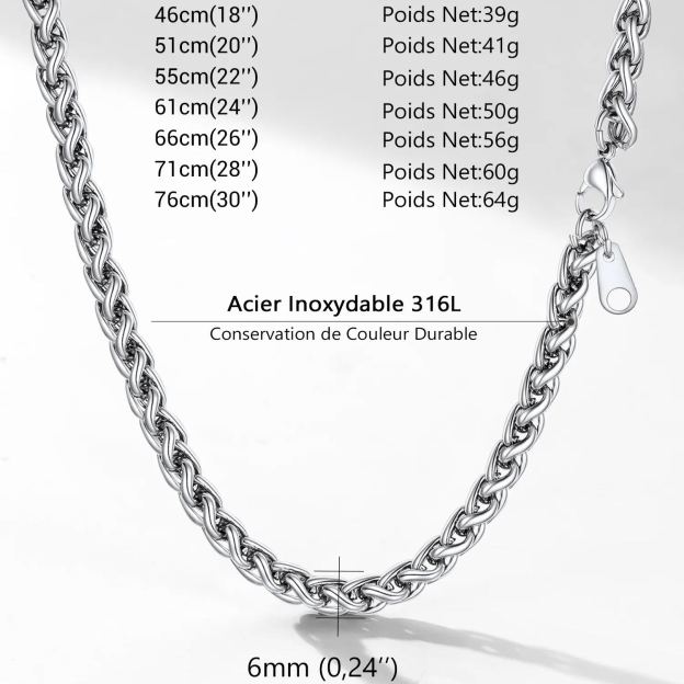 Stainless steel rope chain necklace size chart