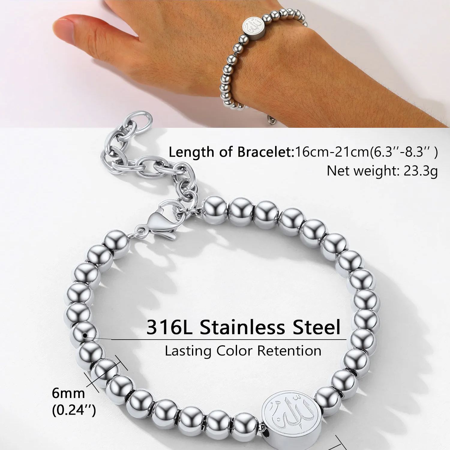 316L stainless steel beads bracelet polished finish
