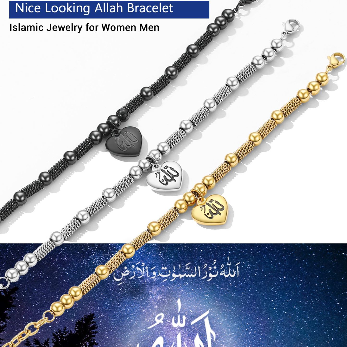 Allah heart bead bracelets in gold steel black