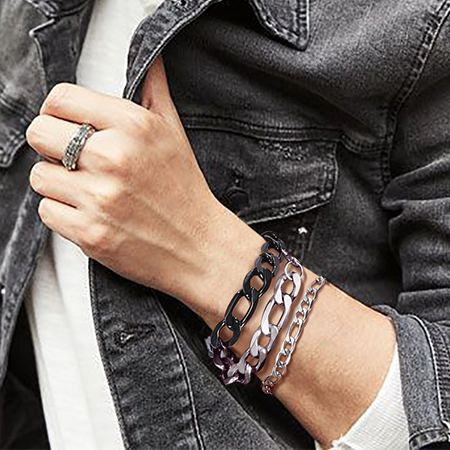 Men’s figaro chain bracelet paired with casual outfit, stainless steel wrist accessory