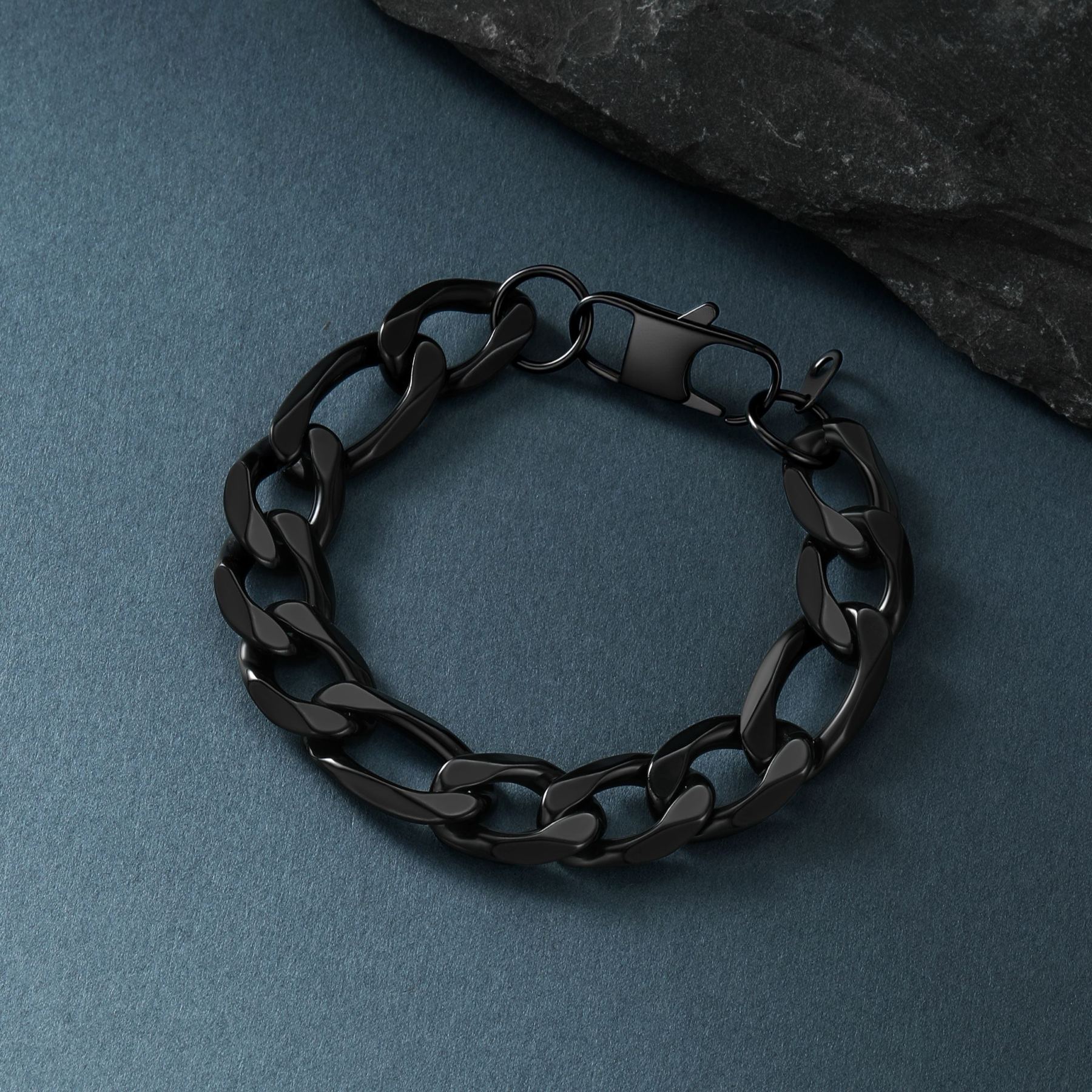 Black plated figaro chain bracelet for men, 13mm stainless steel polished links