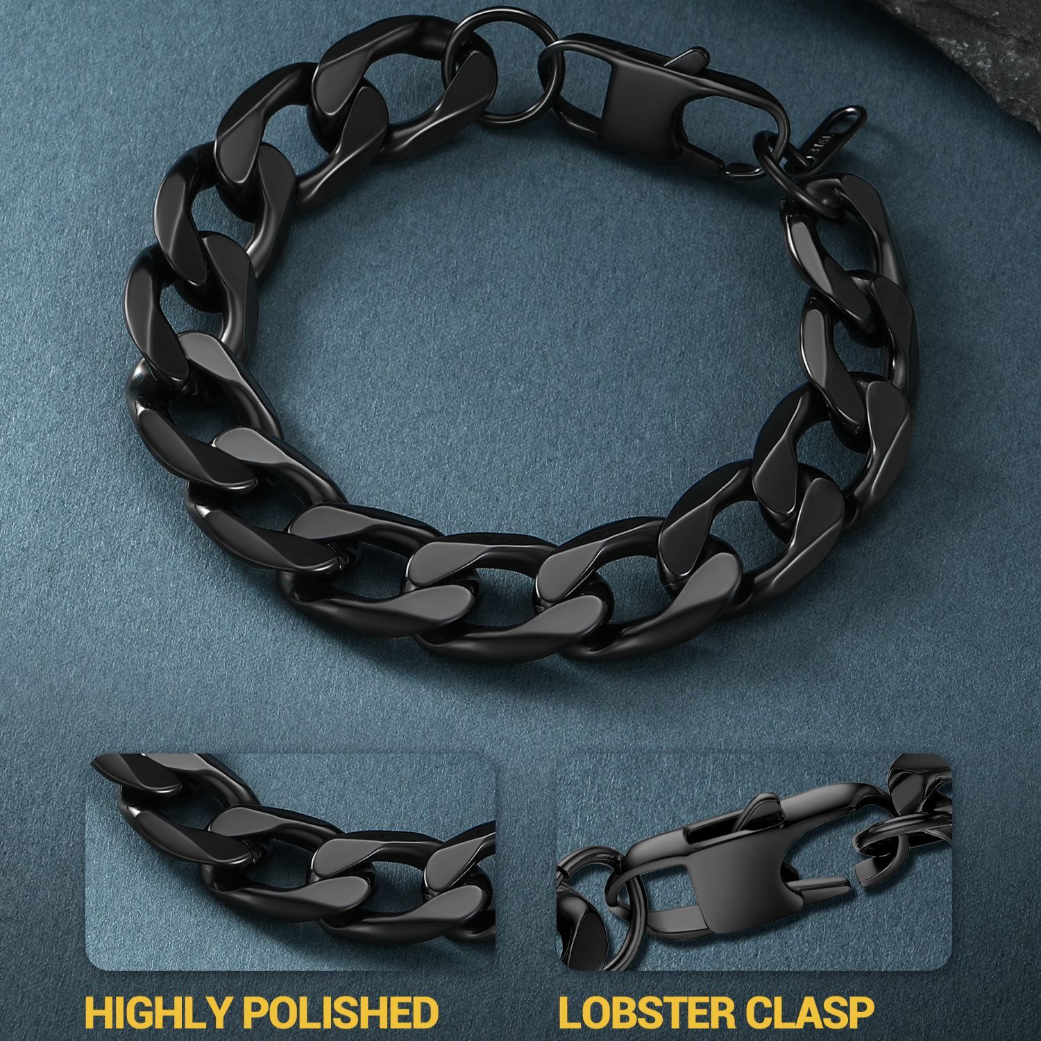 Hypoallergenic stainless steel figaro bracelet for men, nickel free and lead free