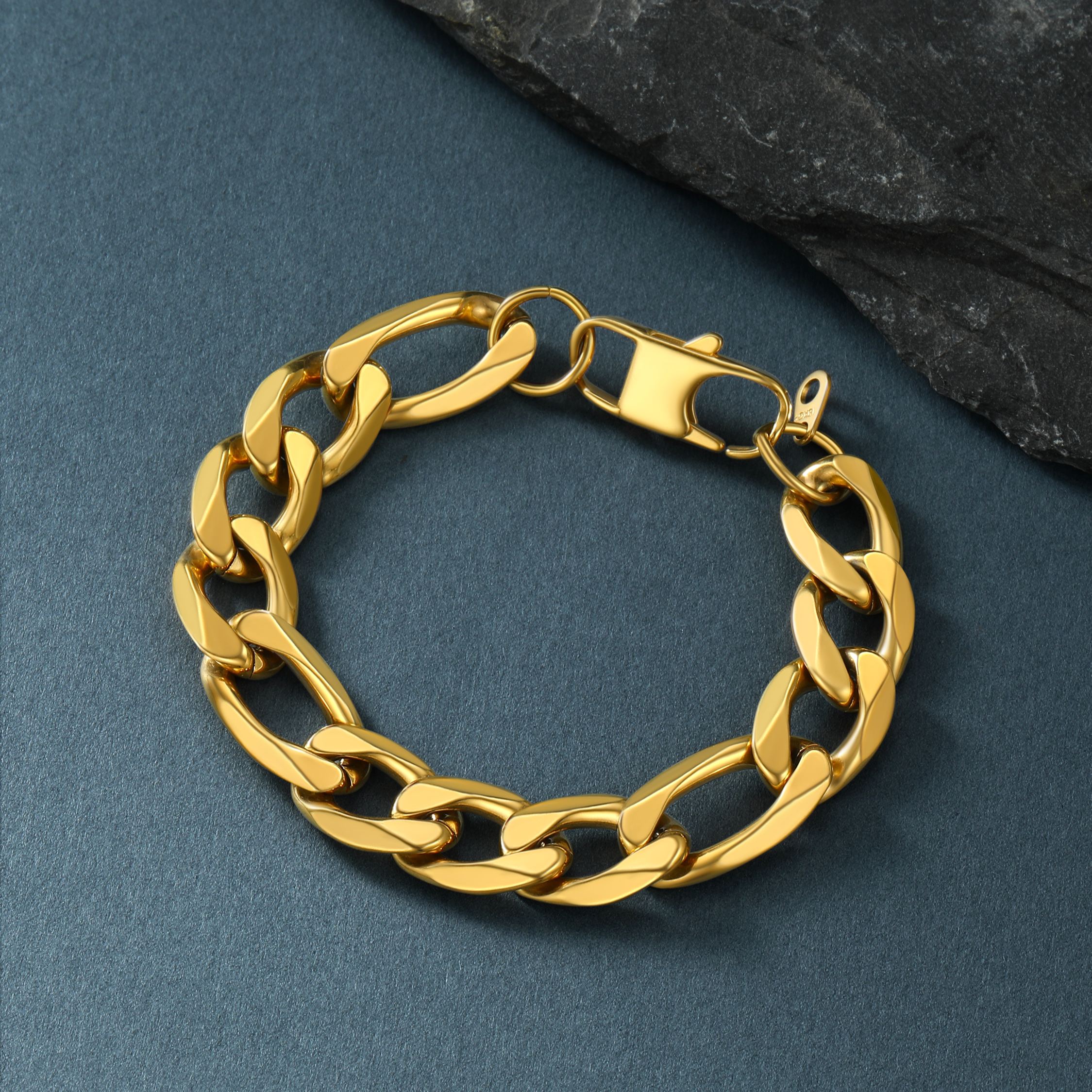 Gold plated figaro chain bracelet for men, 13mm stainless steel polished links