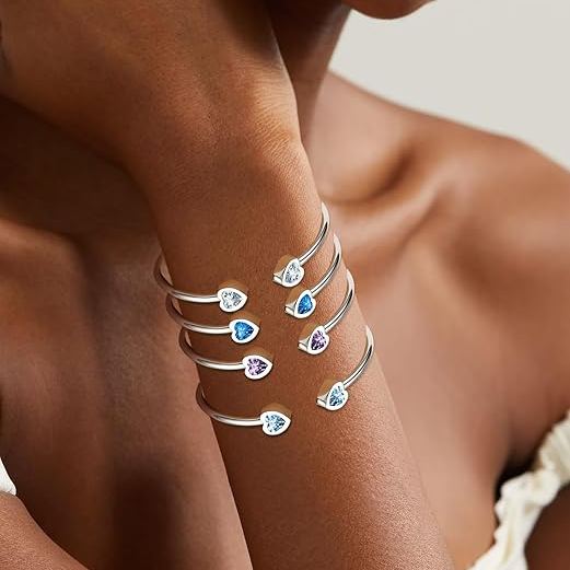 Birthstone Heart Cuff Bracelet for Women