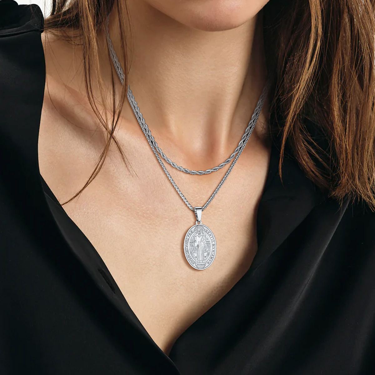 St Benedict Pendant Necklace Layered Chain Women Fashion Jewelry