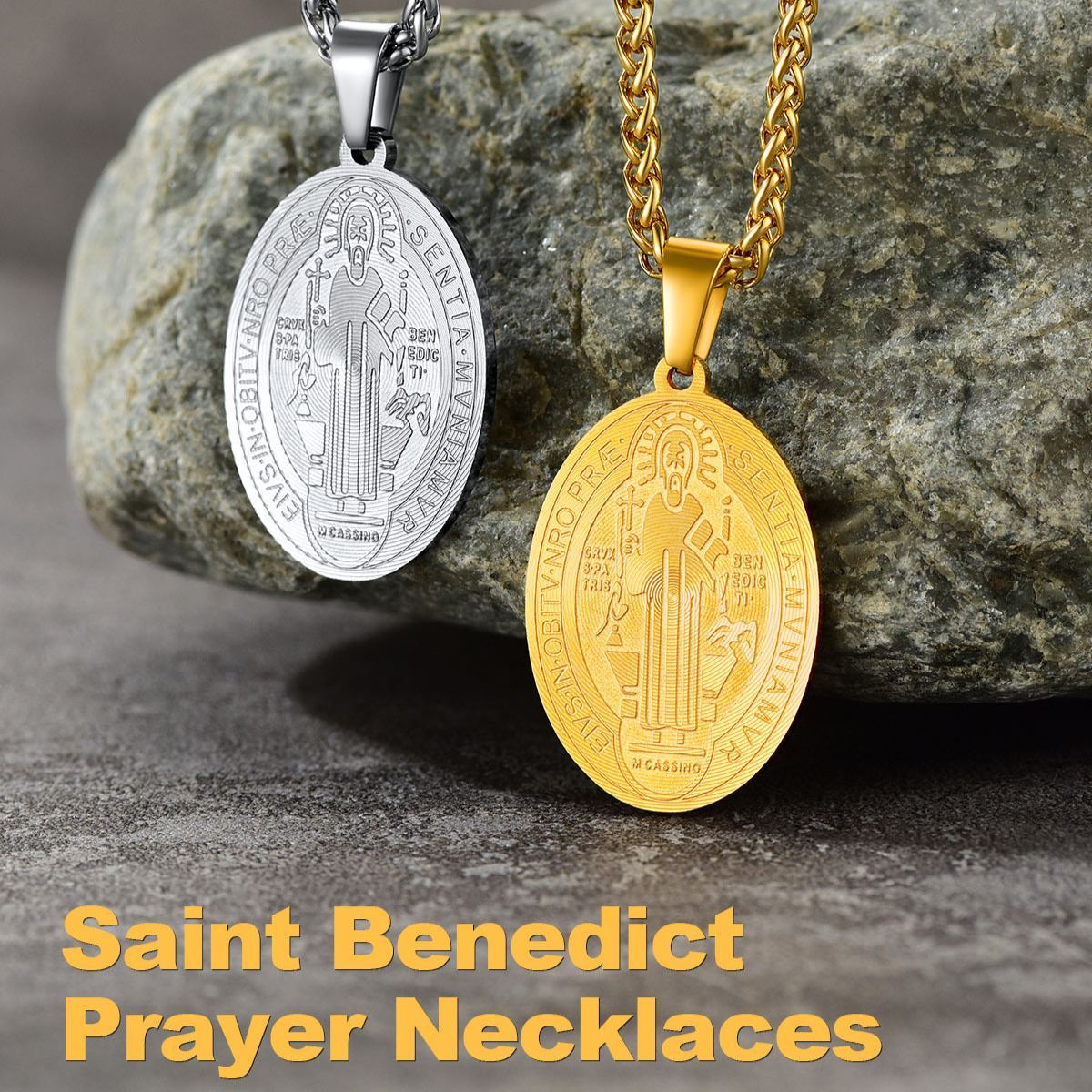 Saint Benedict Protection Pendant Necklace Gold  Stainless Steel Chain