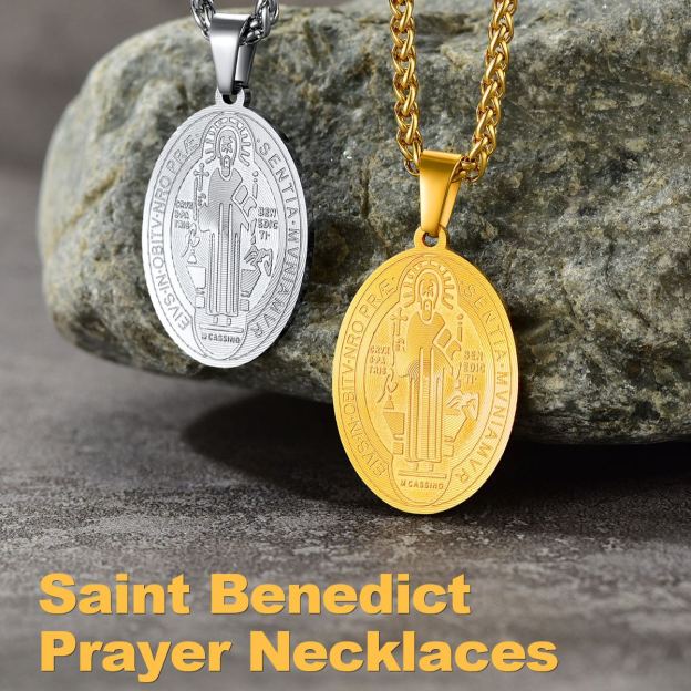 Saint Benedict Protection Pendant Necklace Gold  Stainless Steel Chain
