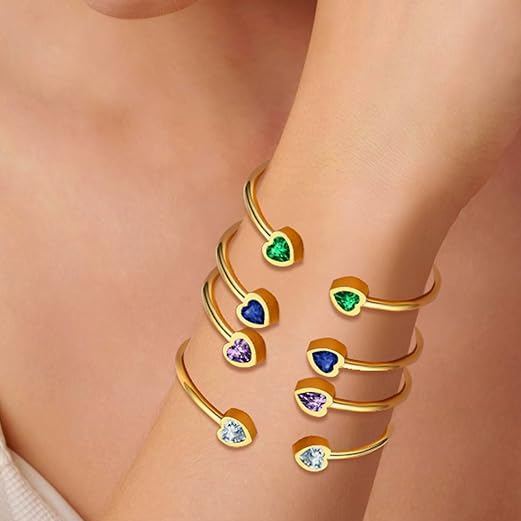 Birthstone Heart Cuff Bracelet for Women