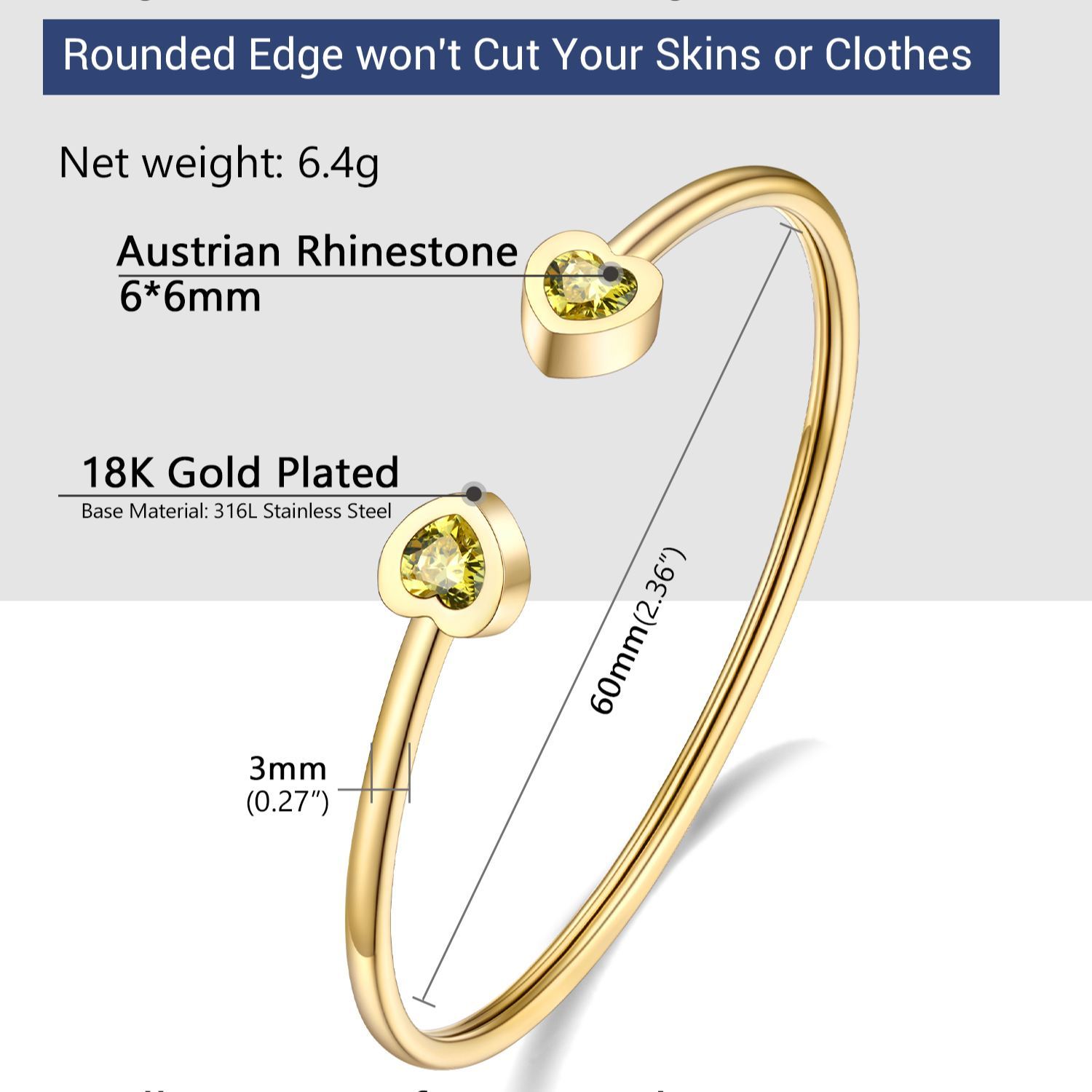 Birthstone Heart Cuff Bracelet for Women