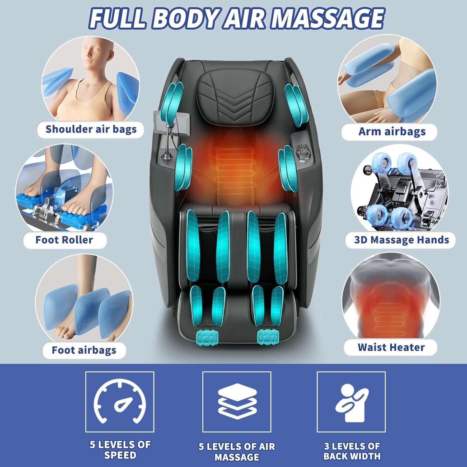 3D Massage Chair Full Body Recliner - Zero Gravity with Heat, 12 Auto-Massage Modes, Shiatsu Foot Massage, with 55“ SL-Track，29 Airbags Massage, Foot Rollers
