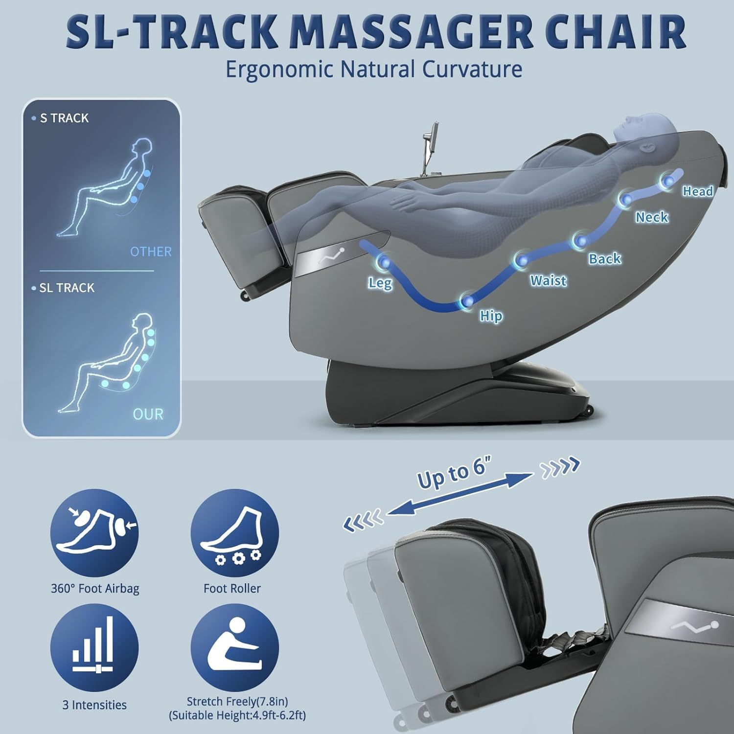 3D Massage Chair Full Body Recliner - Zero Gravity with Heat, 12 Auto-Massage Modes, Shiatsu Foot Massage, with 55“ SL-Track，29 Airbags Massage, Foot Rollers