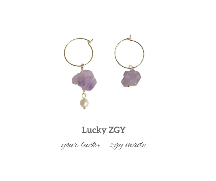 Natural stone amethyst original design asymmetrical handmade earrings