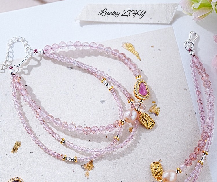 Peach Blossom Brocade Natural Strawberry Quartz Bracelet