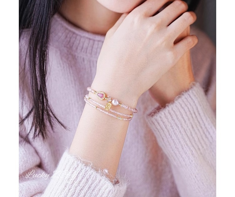 Peach Blossom Brocade Natural Strawberry Quartz Bracelet