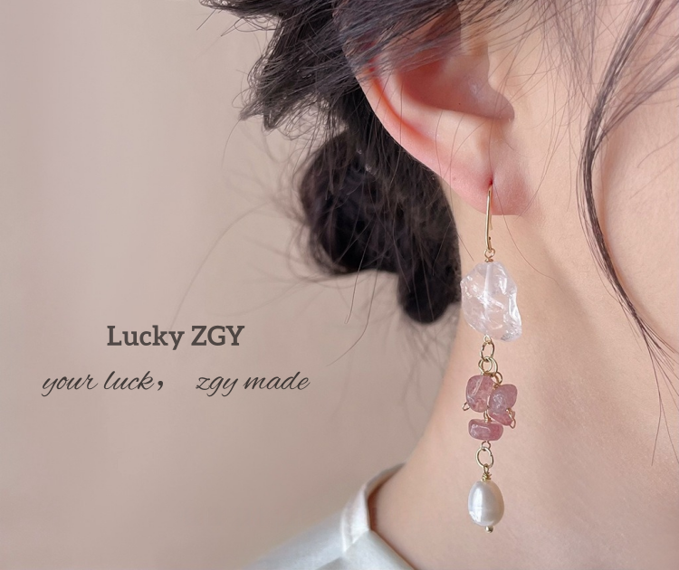 Natural stone white crystal strawberry crystal long tassel forest style earrings