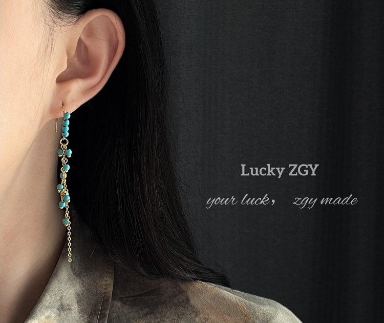 Turquoise long tassel elegant temperament earrings