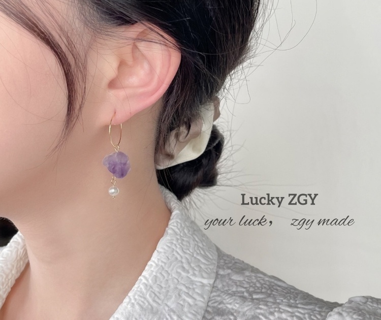 Natural stone amethyst original design asymmetrical handmade earrings