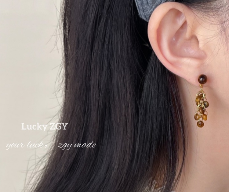 Tiger eye stone 14K gold plated long tassel natural stone earrings