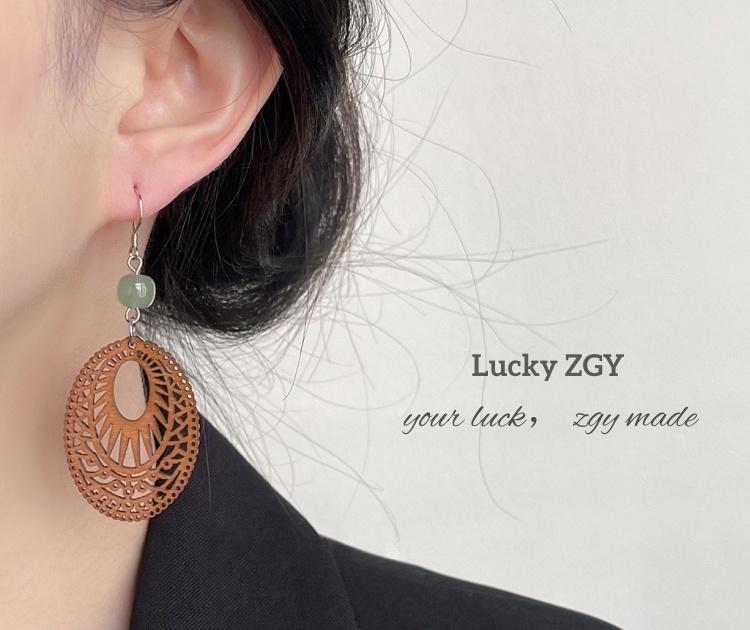 Natural wood eastern jade wooden handmade design sense ancient style earrings