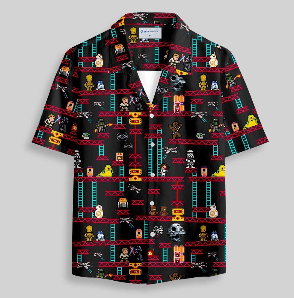 Pixel Style Space Battle Game Red Button Up Pocket Shirt