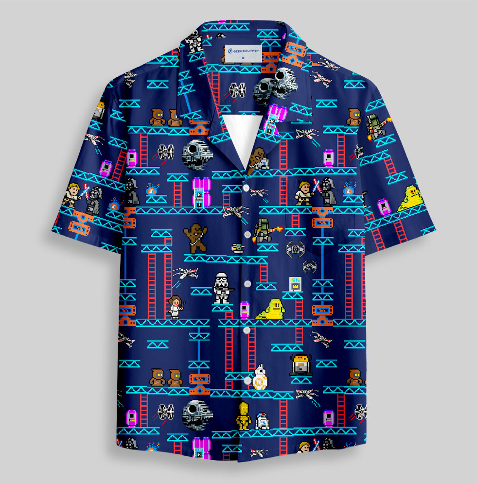 Pixel Style Space Battle Game Blue Button Up Pocket Shirt
