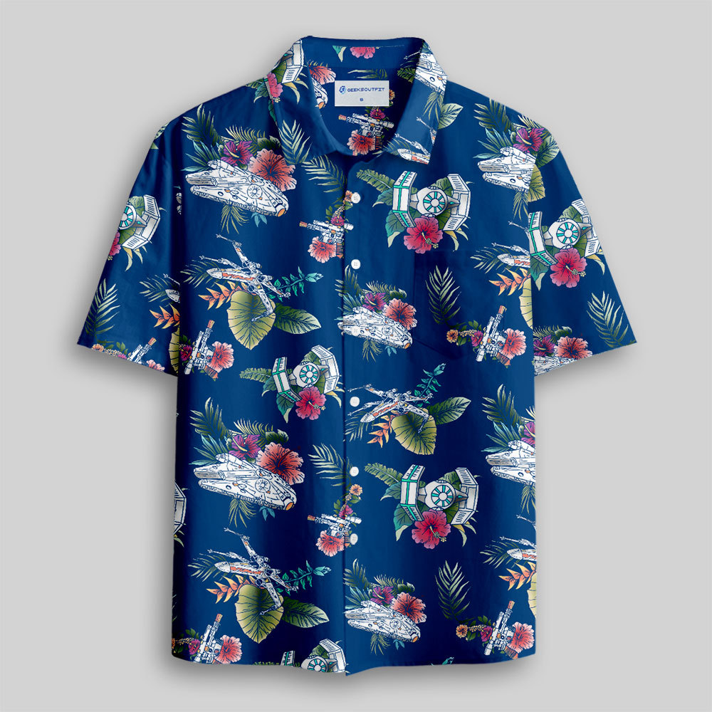 Space Fighter Tropical Flowers Button Up Pocket Shirt