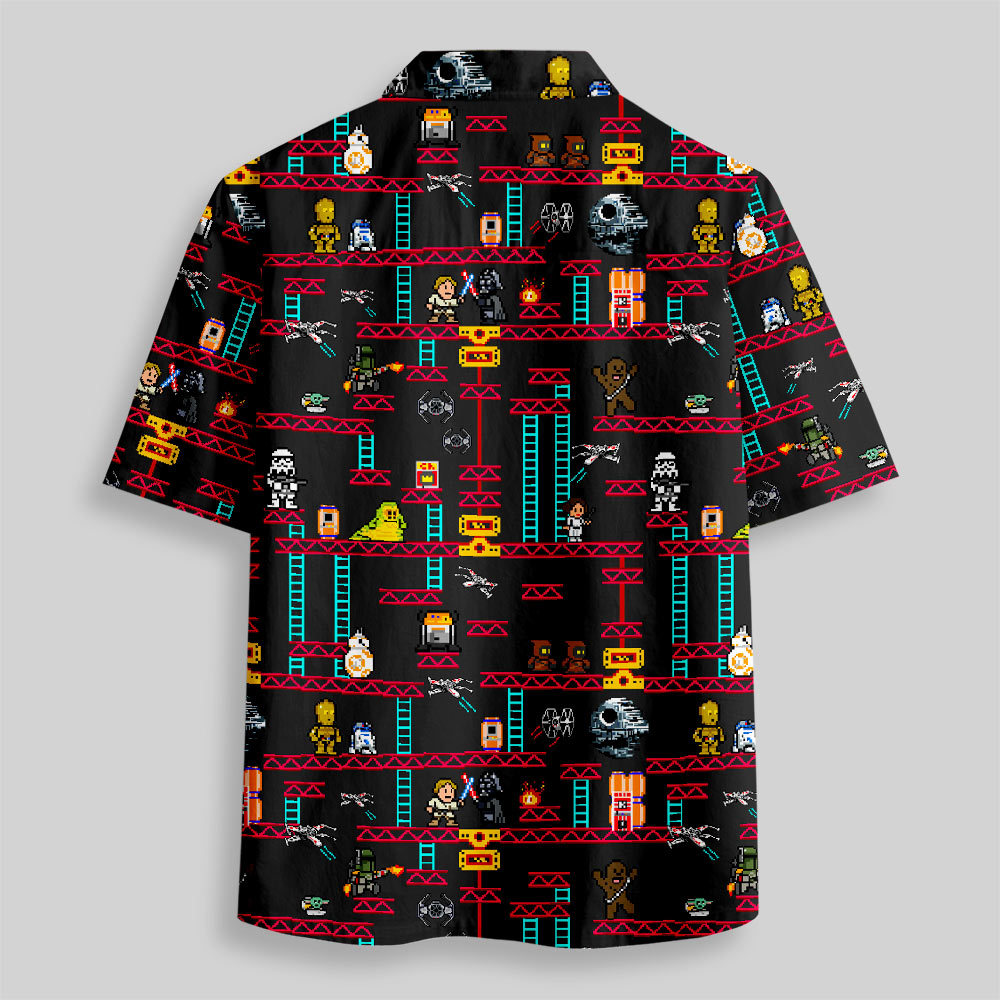 Pixel Style Space Battle Game Red Button Up Pocket Shirt