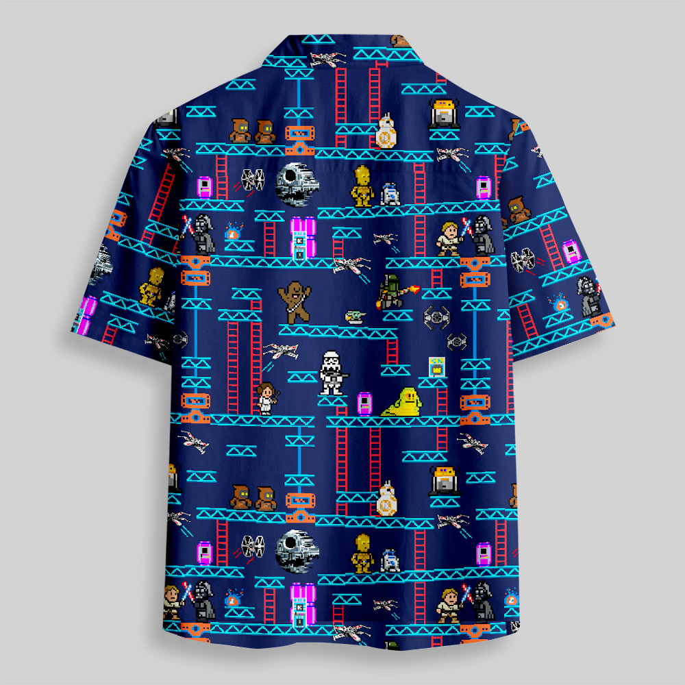 Pixel Style Space Battle Game Blue Button Up Pocket Shirt
