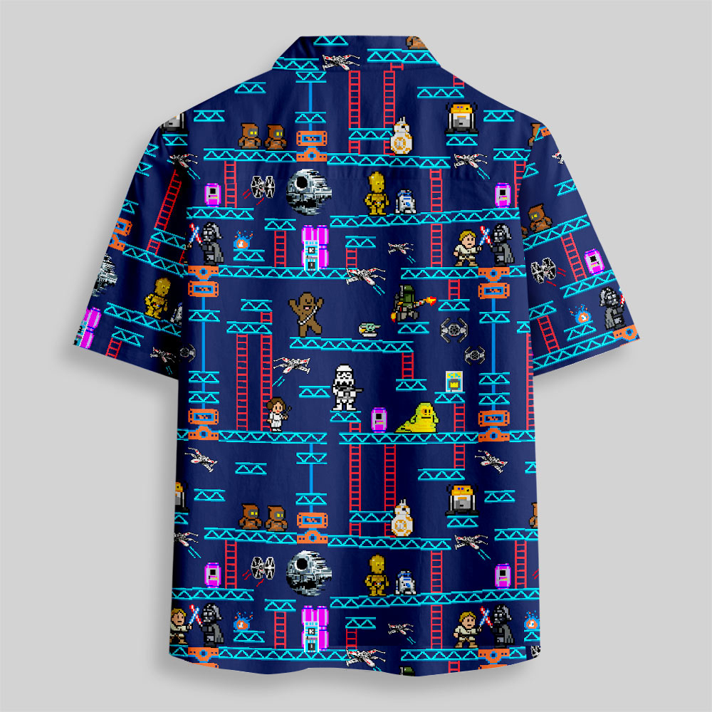 Pixel Style Space Battle Game Blue Button Up Pocket Shirt