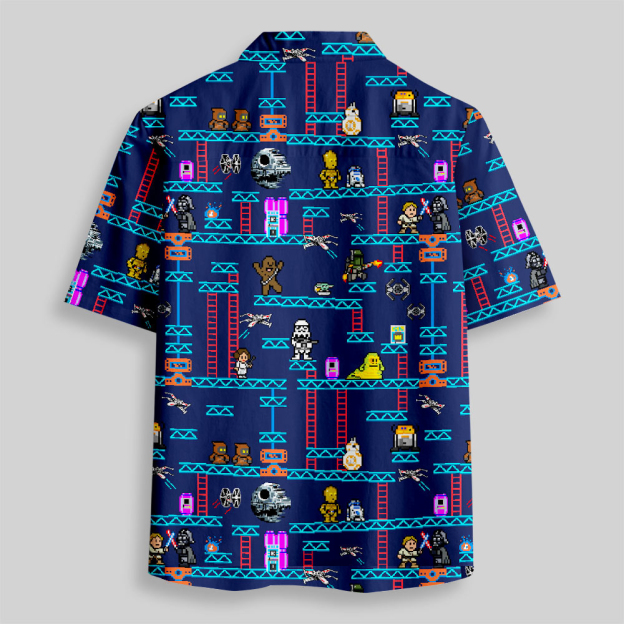 Pixel Style Space Battle Game Blue Button Up Pocket Shirt