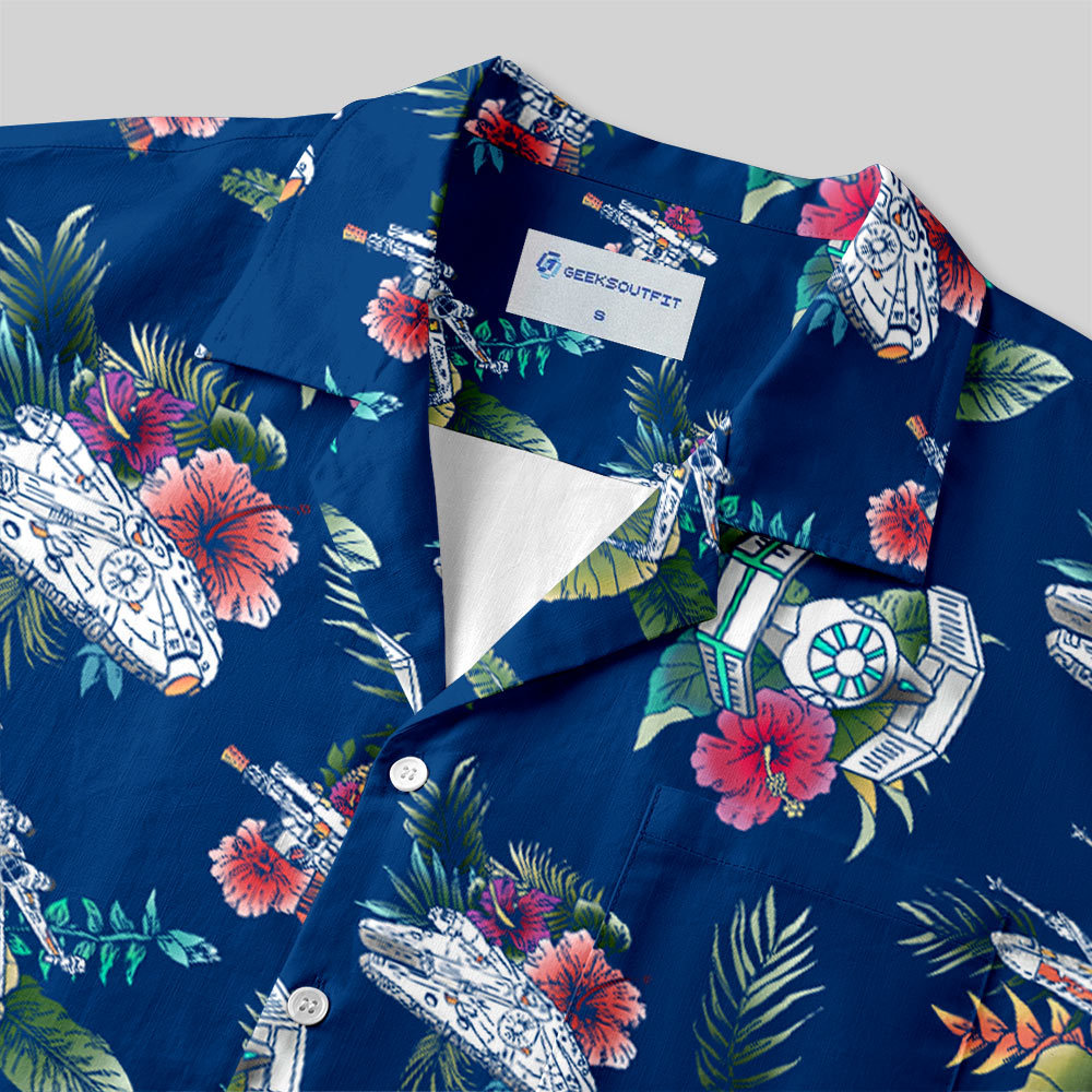 Space Fighter Tropical Flowers Button Up Pocket Shirt