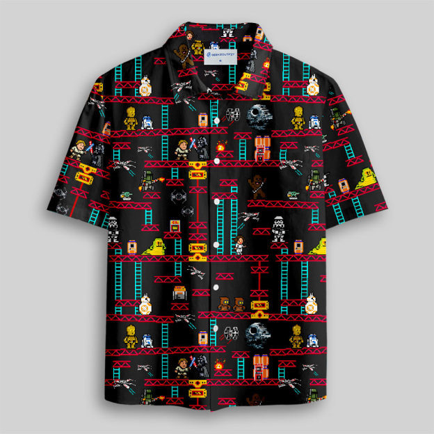 Pixel Style Space Battle Game Red Button Up Pocket Shirt