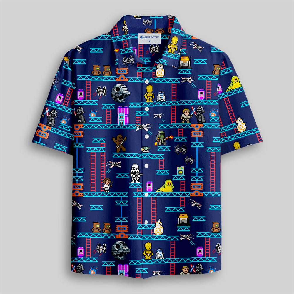 Pixel Style Space Battle Game Blue Button Up Pocket Shirt