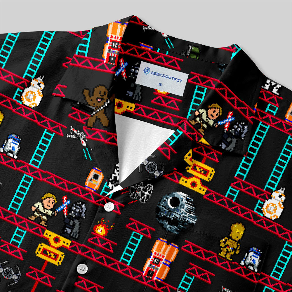 Pixel Style Space Battle Game Red Button Up Pocket Shirt