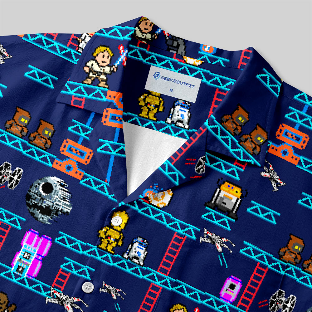 Pixel Style Space Battle Game Blue Button Up Pocket Shirt