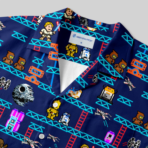 Pixel Style Space Battle Game Blue Button Up Pocket Shirt