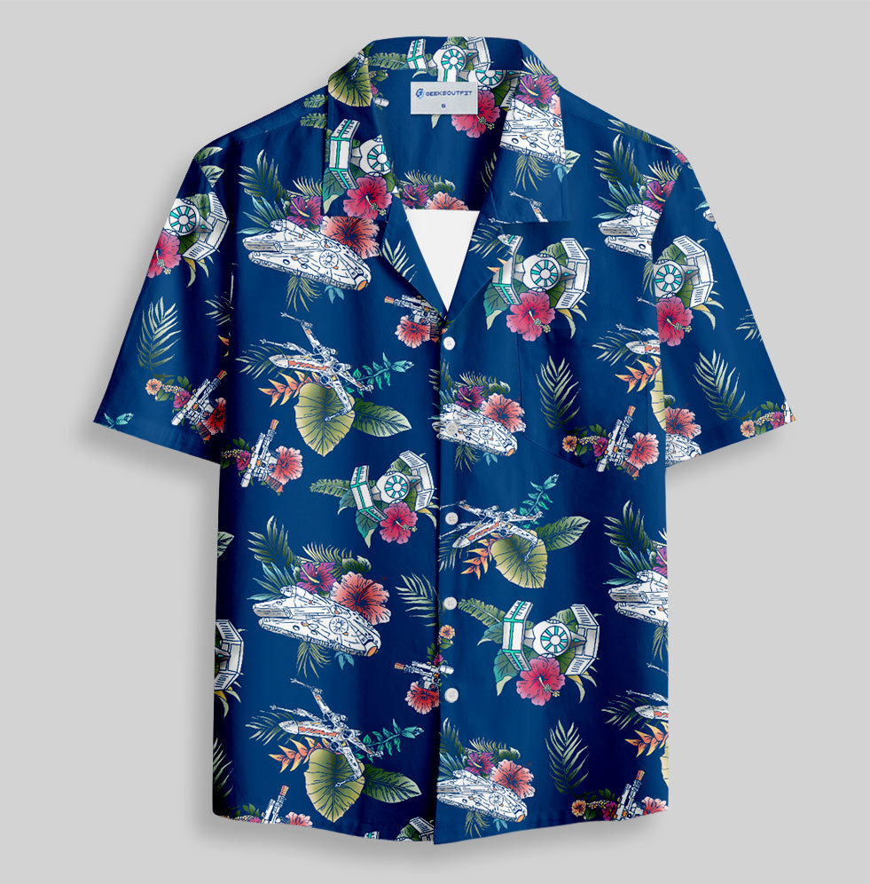 Space Fighter Tropical Flowers Button Up Pocket Shirt