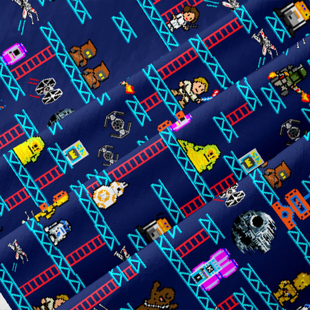 Pixel Style Space Battle Game Blue Button Up Pocket Shirt