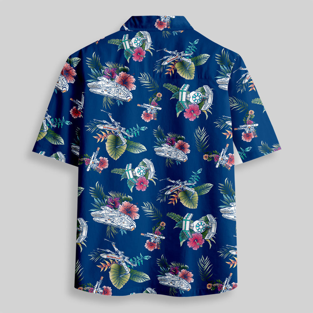 Space Fighter Tropical Flowers Button Up Pocket Shirt