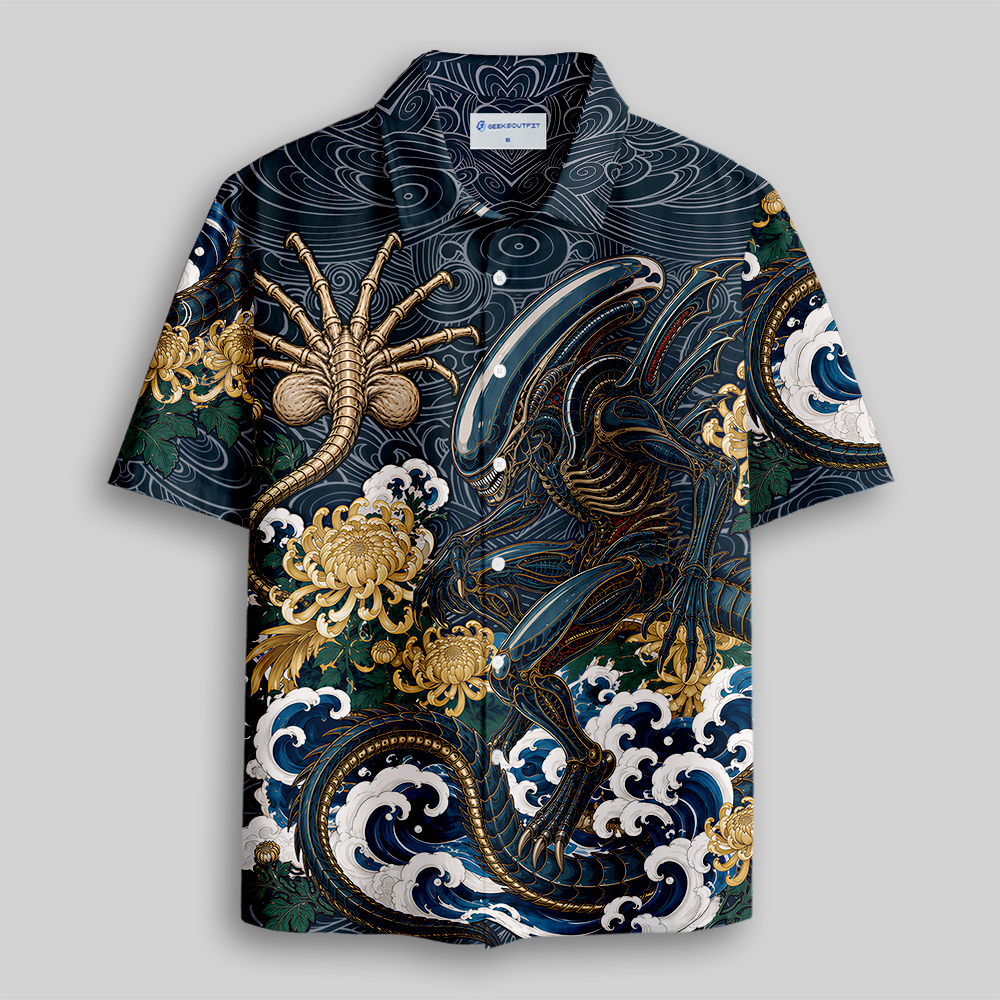 Japanese Wave Alien Beast Chrysanthemum Button Up Pocket Shirt