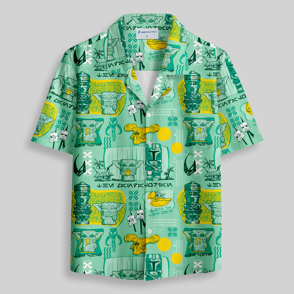 Hawaiian Traditional Tiki Green Button Up Pocket Shirt