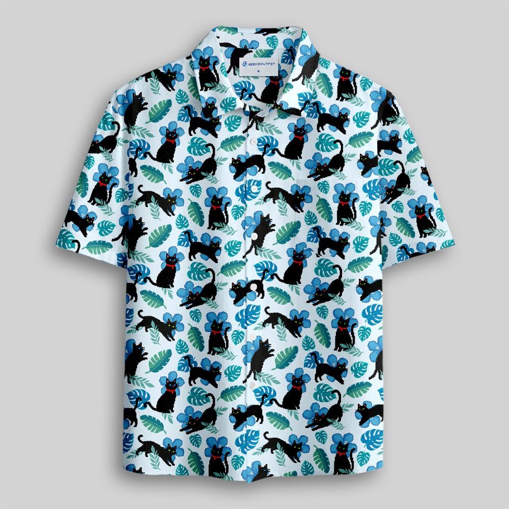 Pixel Cat Hawaii Button Up Pocket Shirt