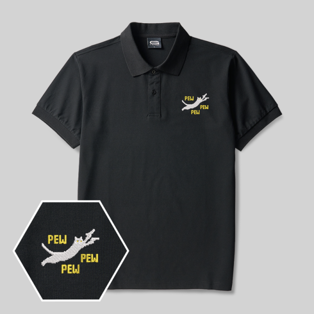 Pew Pew Pew Cat Geek Embroidered Polo Shirts