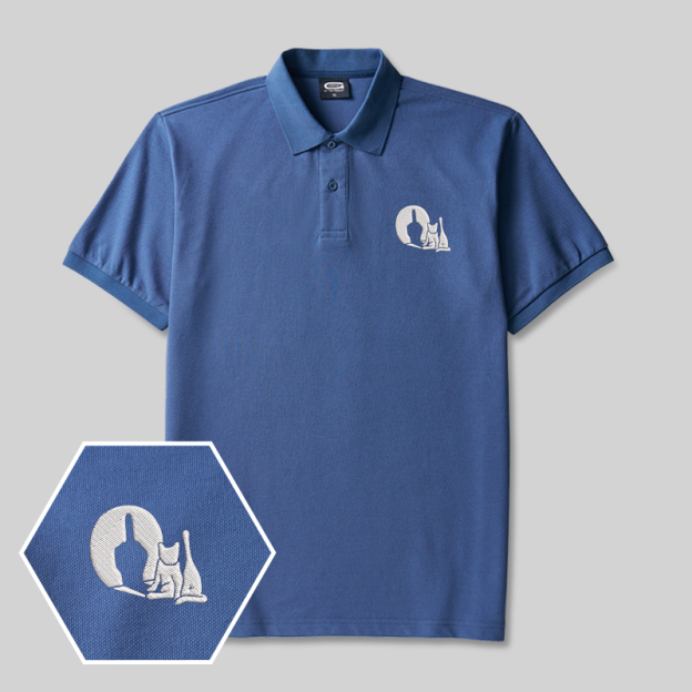 Look the Cat Geek Embroidered Polo Shirts