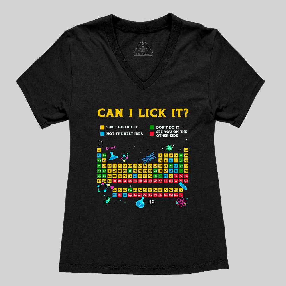 Geeksoutfit Can I Lick It Periodic Table Geek Women's V-Neck T-shirt for Sale