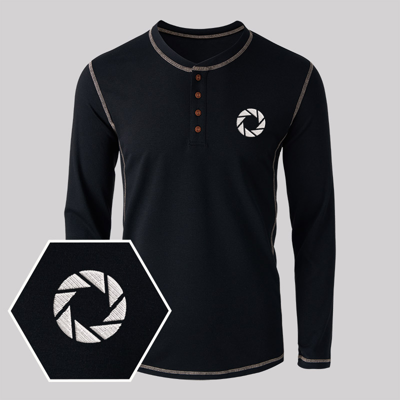 Aperture Embroidered Long Sleeve Henley Shirts