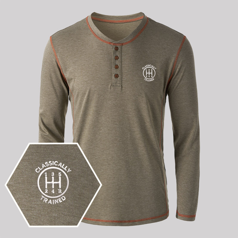 Classically Trained Embroidered Long Sleeve Henley Shirts