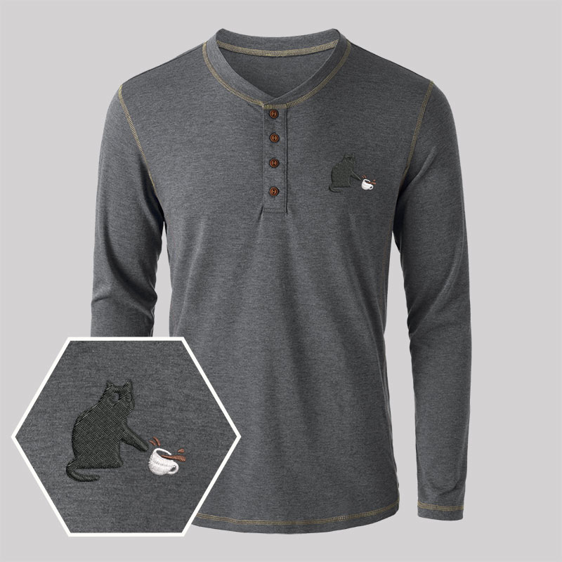 Playful Cat Embroidered Long Sleeve Henley Shirts