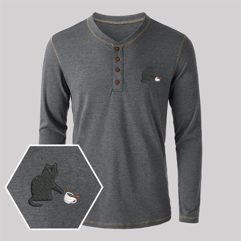 Playful Cat Embroidered Long Sleeve Henley Shirts