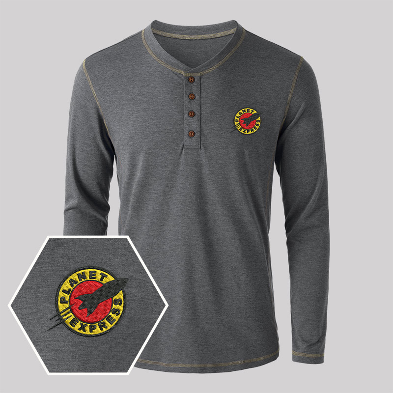 Planet Express Embroidered Long Sleeve Henley Shirts